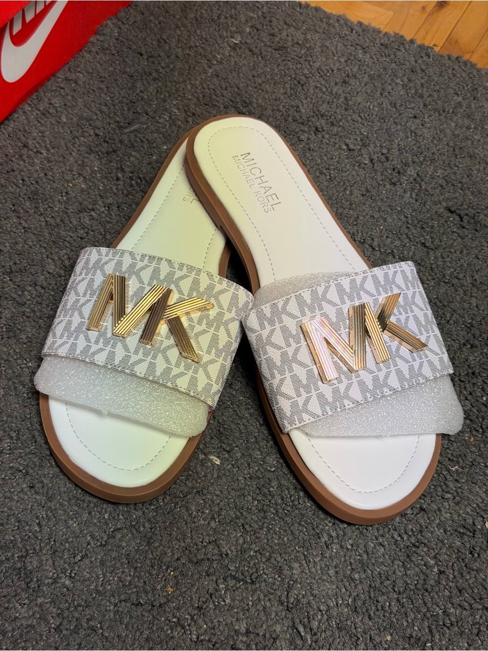 M-Kors White Slide Sandals with Gold M-K Accent
